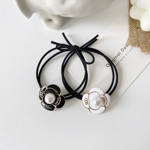 

camellia white pearl hair flowers beads headbands ponytail holder girls scrunchies vintage elastic hair bands rubber rope headdr