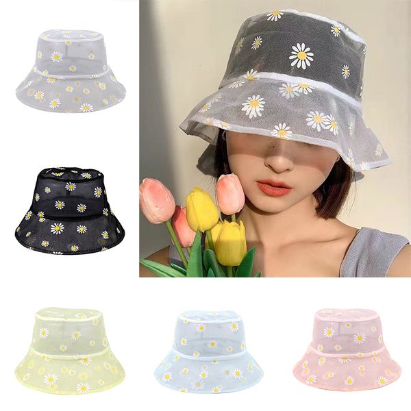 

daisies flower sun hats for women summer mesh buckets hat transparent panama daisy flower beach hats fisherman cap 2020 fashion, Blue;gray