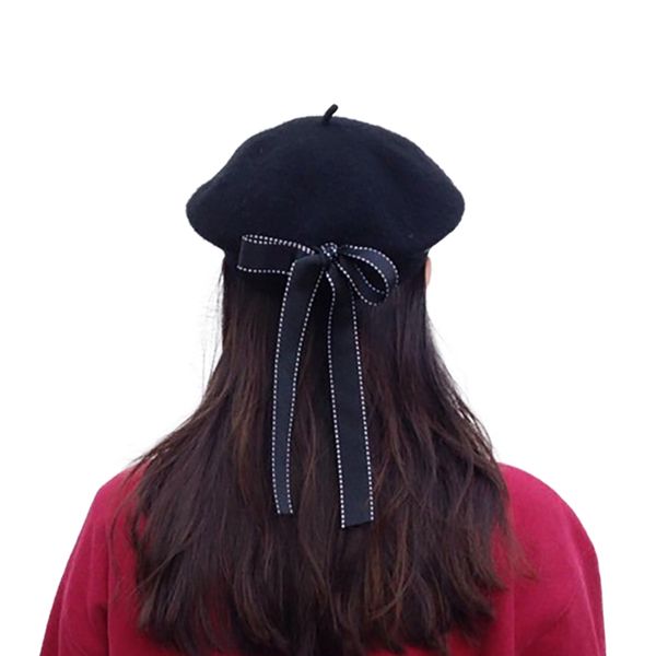 

hat lady winter hat bud hairy painter bow-knotted wool blend beret, Blue;gray