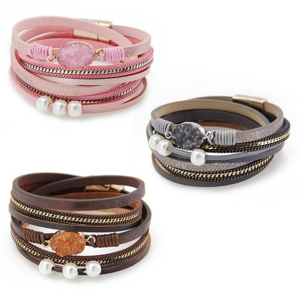 

leather wrap around bracelet multi rope boho bracelets for women men jewelry, Black