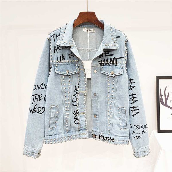 

harajuku streetwear women denim jacket fashion diamond letter print jeans jacket loose washed blue jeans coat graffiti outerwear, Black;brown