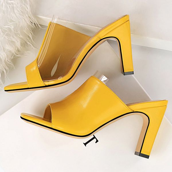 

2020 women 8.5cm high heels mules yellow slides female block heels silver slippers summer yellow quality transparent shoes, Black