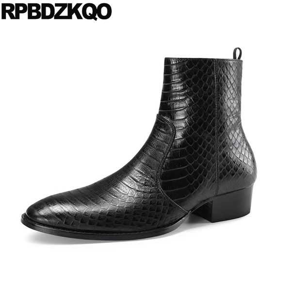

boots mens pointed toe dress formal ankle black party full grain leather real plus size snakeskin chunky shoes crocodile zipper