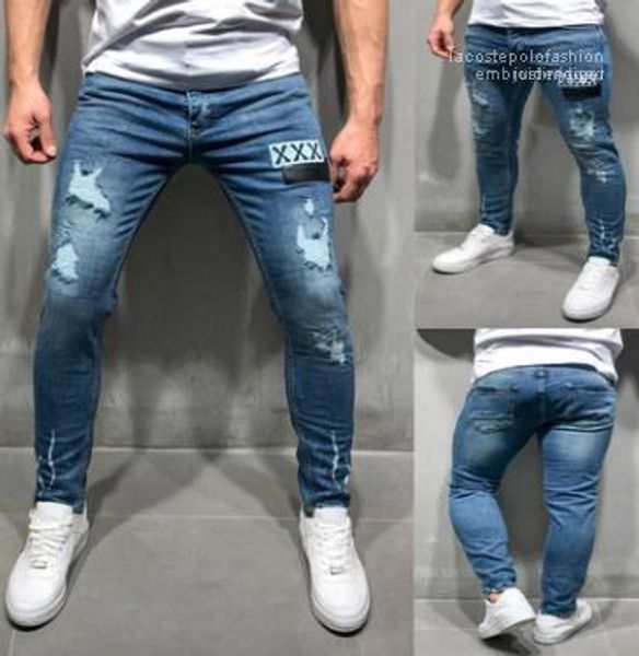 

clothes new blue denim jeans mens clothing ripped xxx embroidery design long pencil pants