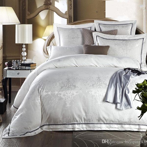 

white bed set jacquard silk home textile bedding set luxury 4/6pcs satin doona duvet cover bedclothes bed sheet linens king  size