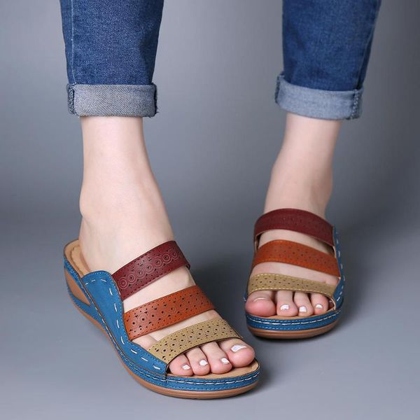 

oeak summer women slippers rome retro casual shoes thick bottom wedge open toe sandals beach slip on slides female 2020 new, Black