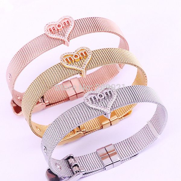 

6pcs mix color stainless steel watch belt bracelets cz micro pave heart connector charms adjustable bracelet mothers days gift, Red;blue