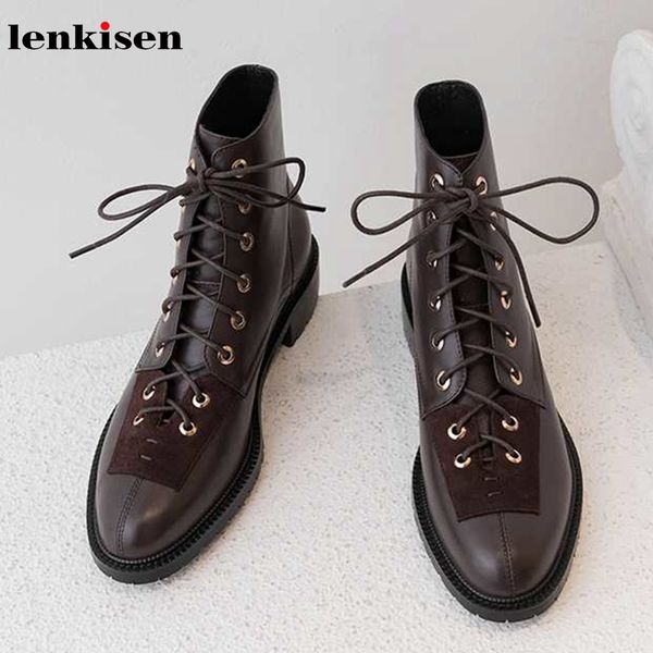 

lenkisen vintage gentle style genuine leather rivets lace up med heels round toe winter warm women modern ankle boots l18, Black
