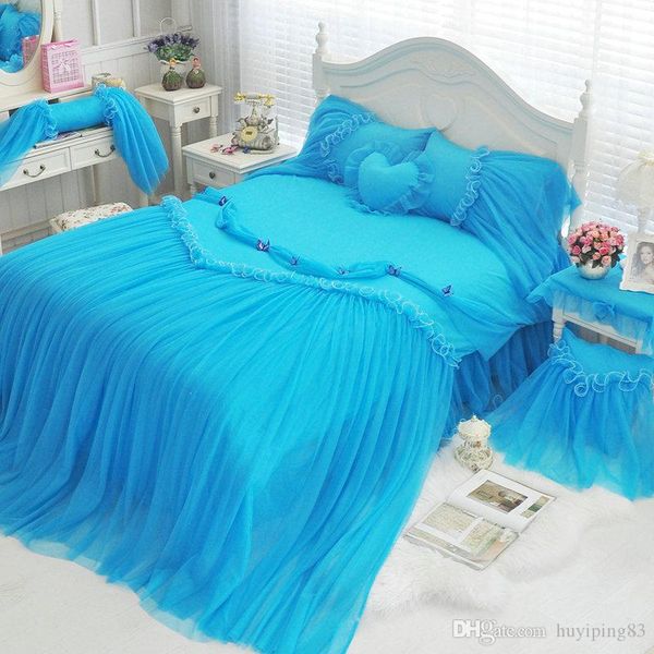 

blue lace duvet cover princess bedding set girls 4pcs ruffles bedspread bed skirts wedding bedclothes cotton  king size