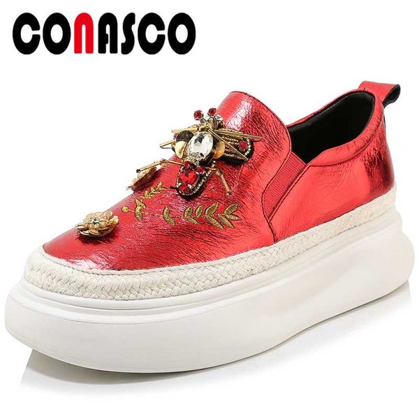 

conasco fashion casual 2020 spring summer new women flats genuine leather sequins rhinestone appliques flat platform shoes woman, Black