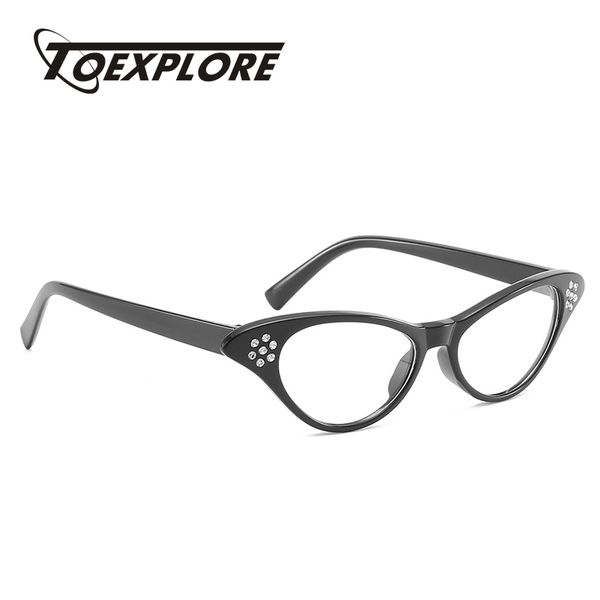 

toexplore fashion men women eyewear frame vintage cat eye optical glasses goggle presbyopic myopia customized set with diamond, Black