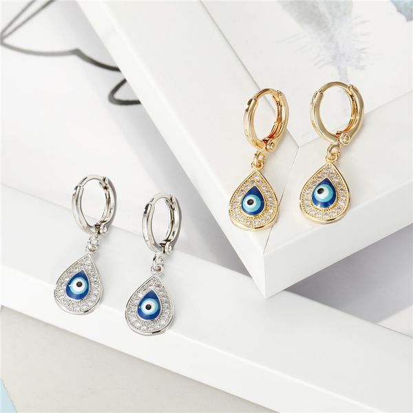 

1pair zircon crystal water drop evil eyes hoop earrings for womens jewelry rhinestone teardrop small ear hoops earring e698, Golden;silver