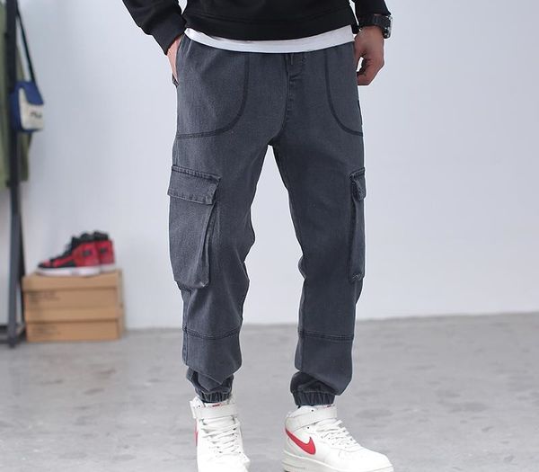 

ankle-length casual men's harem jeans loose jogger jeans multi-pockets denim cargo pants 6xl 7xl 8xl, Blue