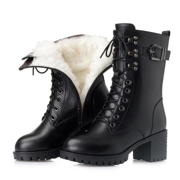 

aq471 genuine leather women mid-calf boots large size 43 fashion women lace-up boots thick heel wool botas mujer, Black