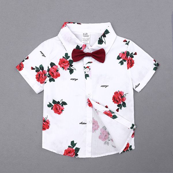 

2020 new boy suit children summer boy suit flower tie shirt and shorts two-in-one men's tie, White