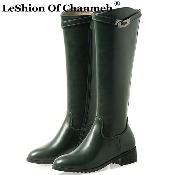 

plus size 32-43 women knee high knight boots lady female designer lock zip long boot autumn winter pu leather shoes, Black