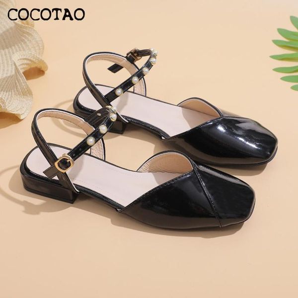 

baotou sandals female fairy wind 2020 summer new pearl square head thick with a word buckle shallow mouth grandma shoes, Black