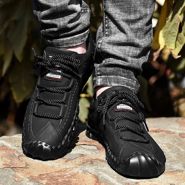 

hand stitched leather shoes light fashion mens outdoor casual shoes low heel breathable men's hiking sneaker size 39-44 schoenen, Black
