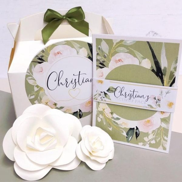 

personalised names childrens wedding activity box & puzzle pack favour blush a6 pack with pen cutom flower girl gift box