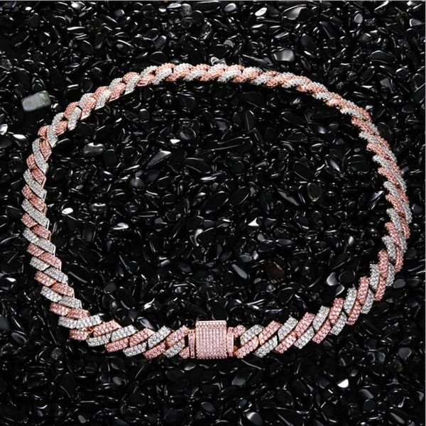 

13mm pink white cubic zirconial miami cuba chain rhombus necklace bling hip hop neck jewelry for men women with high quality, Silver