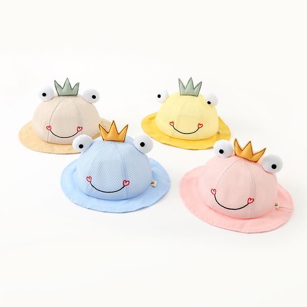 

children summer sun hat sunscreen thin breathable net sun hat baby basin frog decoration fisherman net, Blue;gray