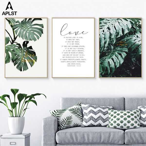 

love quote monstera leaf canvas prints and poster tropical plants green leaves printing artwork wall art decor for living room