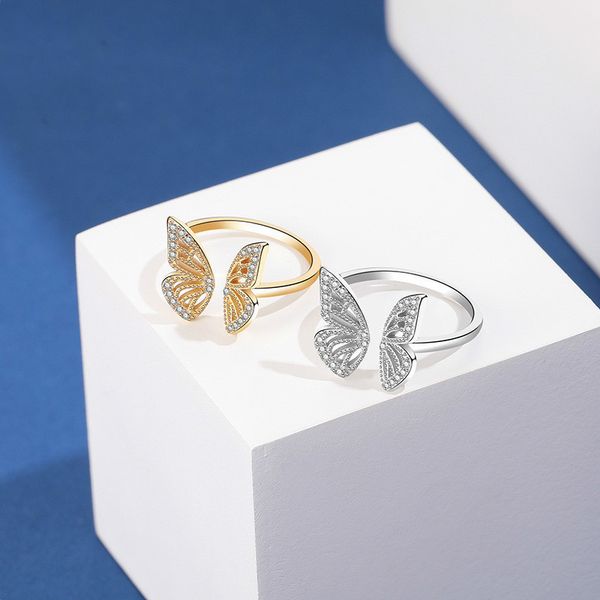 

s925 sterling silver butterfly ring fashion jewelry wholesale ol micro-inlaid zircon open ring stall sale
