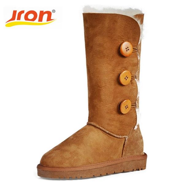 

jron 26 cm winter warm snow boots genuine letaher woolen shearling shoes knee high anti-slip boots female winter sheepskin, Black