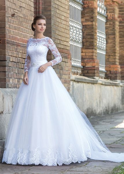 

Elegant Long Sleeves Lace A Line Wedding Dresses 2019 with Belt Lace-up Back Court Trian Scoop Neck Bridal Gowns