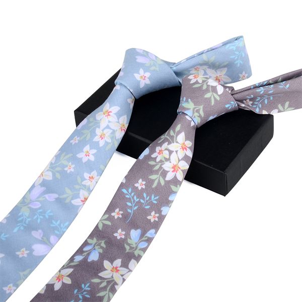 

windj cotton necktie printed flowers blue grey 6cm width, Black;gray