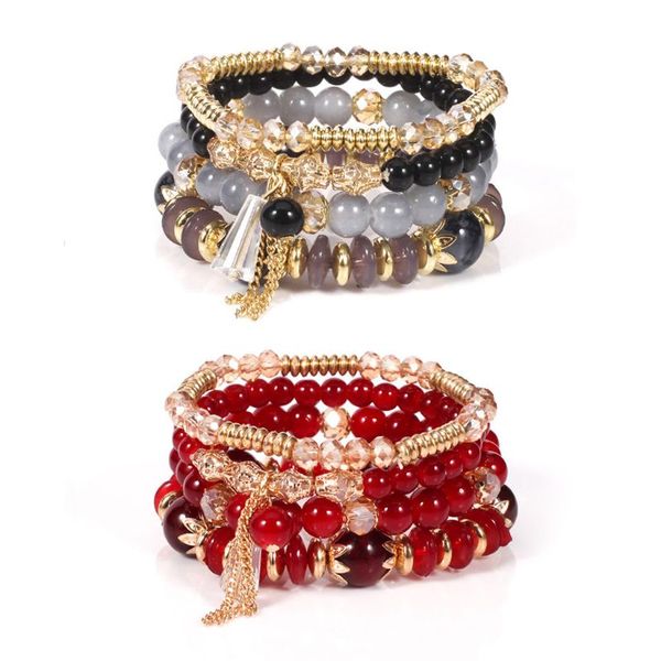 

fashion imitate crystal carnelia multi-layerbracelet with tassels elastic rope for both men and women children's gifts, Black