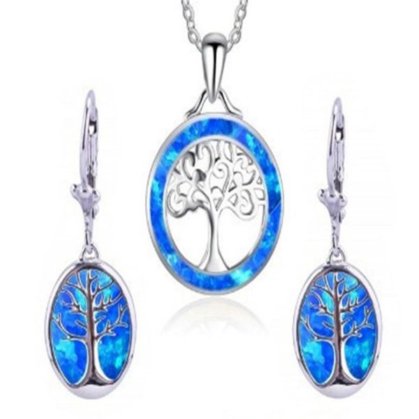 

10 set many colors opalite opal tree of life pendant necklace earrings for women silver plated jewelry set