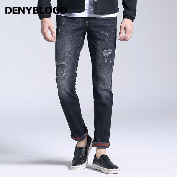 

men's jeans denyblood stretch slim straight ripped distressed flower fleece warm 2021 autum winter casual pants 169071, Blue