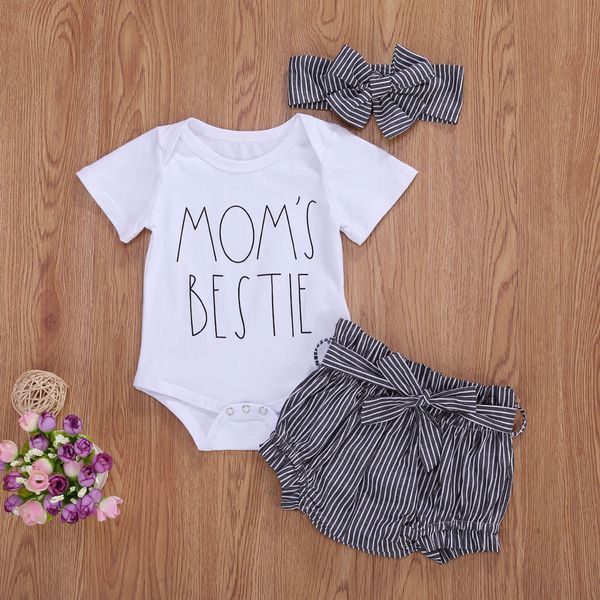 

2020 fashion 0-18m baby boys girls clothes sets letter short sleeve romper striped shorts headband 3pcs outfits, White