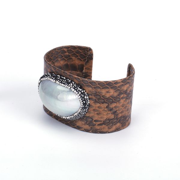 

new pump shell connector charm rhinestone spot pattern white grey brown green blue real leather big wide open adjust bangle cuff, Black