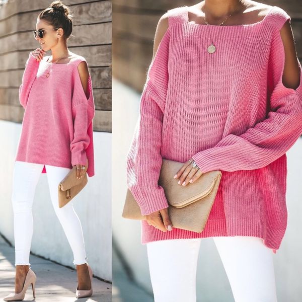 

20fw women sweater fashion solid color off shoulder long sleeve loose sweater casual women knits clothing, White;black