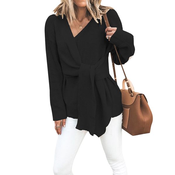 

blackday women v-neck tie long sleeve sweater fashion solid color 2020 spring fall ladies sweaters wholesale drop new, White