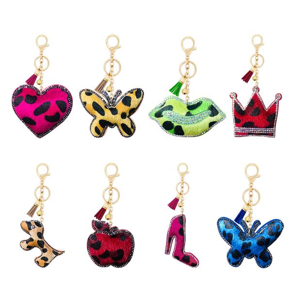 

fashion creative small gift rhinestone leopard print flannel keychain pendant unique love butterfly crown shape bag ornament, Silver