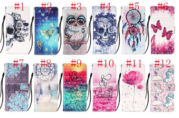 3D-Schädel-Leder-Mappe Einhorn-Blumen Traumfänger Owl Butterfly Flip Case für iphone 12 6.7 5.4 6.1inch Samsung NOTE20 Ultra-A21 A21S