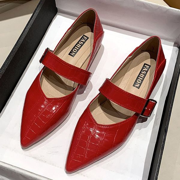 

2020 autumn women shoes pointed toe mary janes shoes buckle flats ladies low heels dress zapatos mujer spring red 8433n, Black