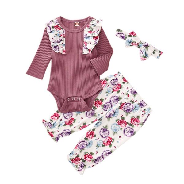 

baby 3pcs floral clothes sets babies boy girl bodysuits pants headbandf outfit clothing set 0-24m, White