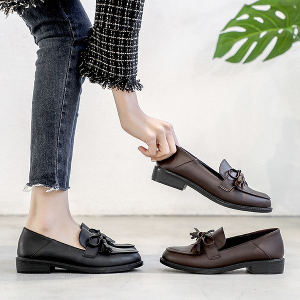 

women shoes autumn loafers with fur oxfords women's female footwear casual sneaker round toe shallow mouth fall slip-on leather, Black