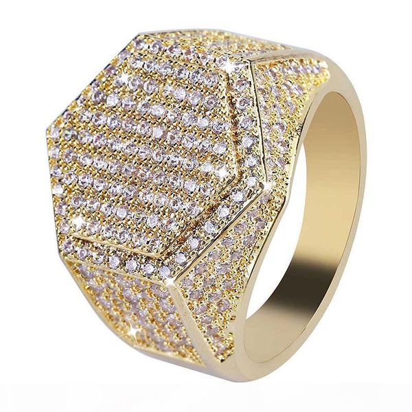 

hip hop copper hexagon cubic zirconia rings pave micro cz diamonds ring punk party jewelry for men, Golden;silver