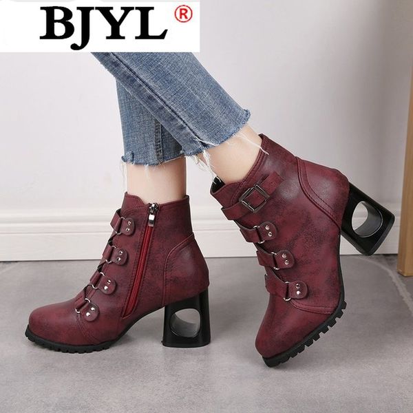 

new woman boots autumn winter shoes women flock short ankle boots lady zipper block heel casual shoes fashion buckle high heels, Black