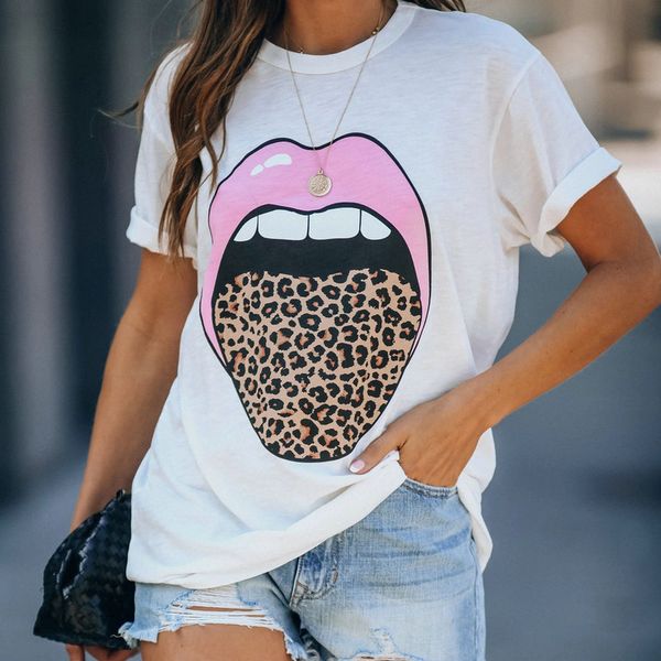 

chic funny women's summer loose casual tongue collar leopard print cotton t-shirt streetwear s//l/xl, White