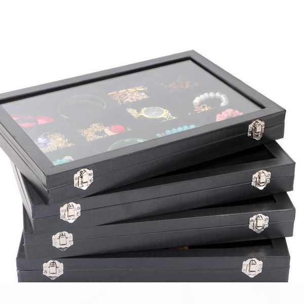 

large grade glass lid jewelry box necklaces rings earrings bracelets tray storage box jewelry holder, Black
