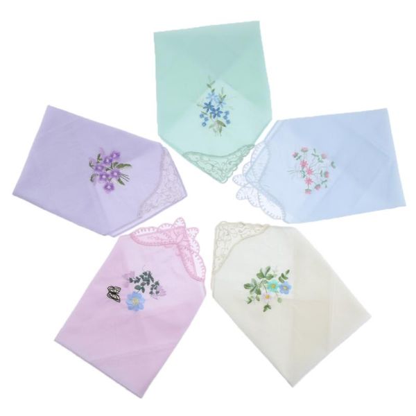 

5pcs womens embroidered floral cotton handkerchiefs exquisite lace hankies gift for wedding part mother's day bridal shower, Blue;purple