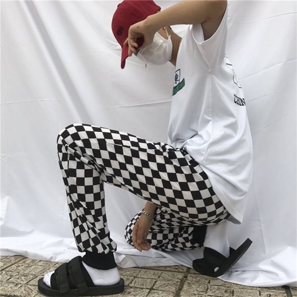 

hip hop checkerboard plaid slim pant trouser men streetwear korean japanese jogger trouser casual harajuku elastic waistband new, Black