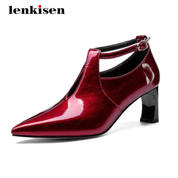 

lenkisen european style natural leather fashion handmade pointed toe high strange heel buckle straps beauty lady women pumps l22, Black