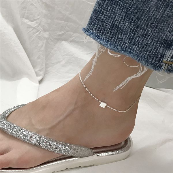 

ruiyi real s925 silver women geometric square charm anklets female fashion feet jewelry cross curb chain niche anklets bracelets, Red;blue